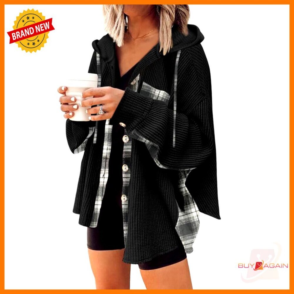 Waffle Knit Plaid Shacket Hooded Boyfriend Button Down Oversized Chic